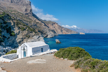 Agia Anna chapel above the famous beach well known from the big blue movie  on Amorgos island,...