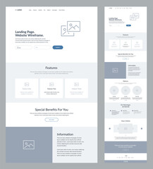 Website design template wireframe. Landing page site design.