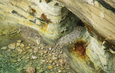 Landscape of a sea cave along the eroded sandstone shoreline of Lake Superior, Pictured Rocks National Lakeshore, Michigan's Upper Peninsula, USA
