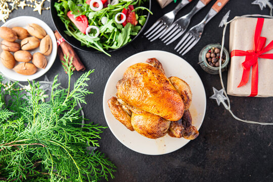 christmas chicken or turkey meat new year table treat chicken coquelet fresh meal snack on the table copy space food background rustic 
