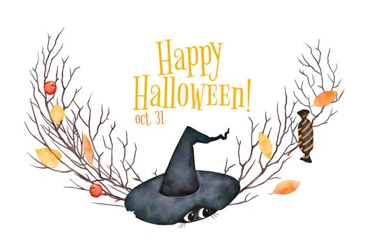 Halloween watercolor wreath in hand drawn cartoon illustration style. Water colour painted holiday invitation template with branches, black cat and witch hat isolated on white background.