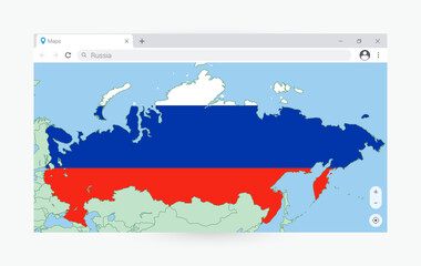 Fototapeta premium Browser window with map of Russia, searching Russia in internet.
