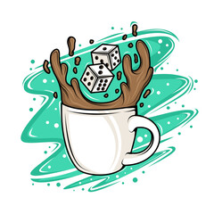 coffee cup with dice illustration
