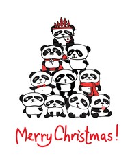 Vector illustration of christmas pandas trees, Christmas and new year greetings.