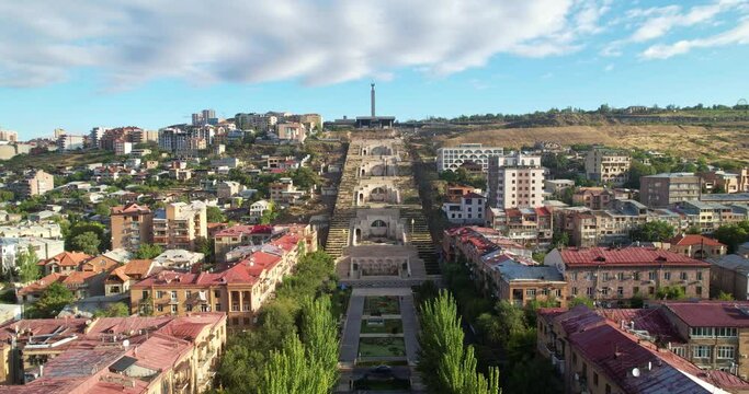 Aerial view of the Cascade in Yerevan, Armenia. Sights of Armenia. A staircase with a large number of steps.