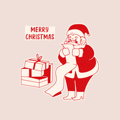 Cheerful Santa Claus with long list and Present box. Merry Christmas, New year concept. Retro, vintage style. Square greeting Card. Hand drawn trendy Vector illustration