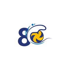 Number 8 logo and volleyball hit into the water waves vector