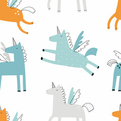 Vector color hand-drawn seamless repeating childish pattern with cute unicorns in Scandinavian style on a white background. Kids texture for fabric, wrapping, textile, wallpaper, apparel. Horse. © ZHUKO