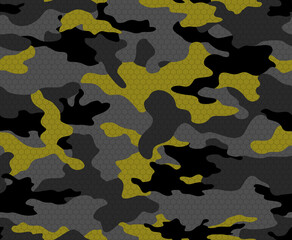 
Camouflage illustration, digital black-yellow background, clothing seamless pattern. Stylish print.