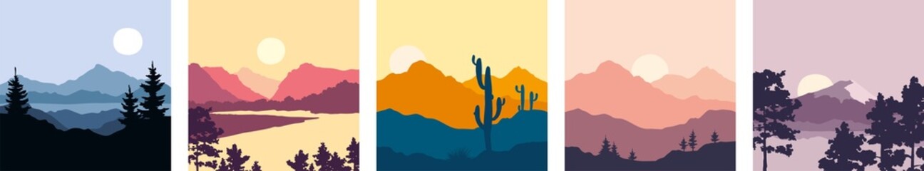 Abstract night landscape with mountains. Set vector illustrations, wallpapers. Twilight, sunset.  © imagination13