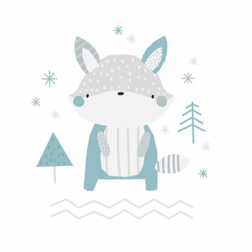 Vector cute childish hand-drawn illustration with a fox in the forest, snowflakes and trees on a white background. Winter xmas new year card. Ideal for kids greeting card, print, poster.