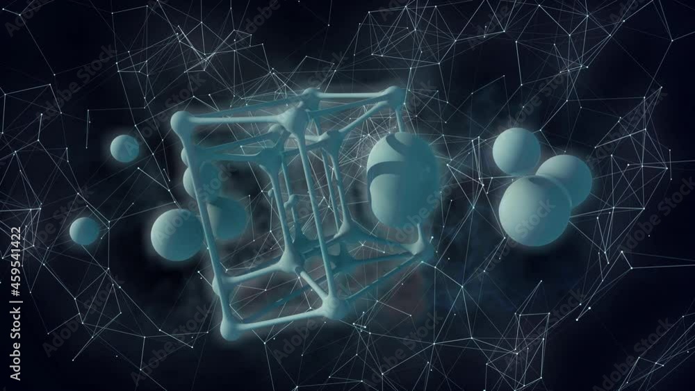 Poster loop 3d animation of a glowing tesseract through which drops of blue liquid fly. a portal to another
