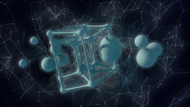 Loop 3d animation of a glowing tesseract through which drops of blue liquid fly. A portal to another dimension. The molecular background of the crystal lattice.