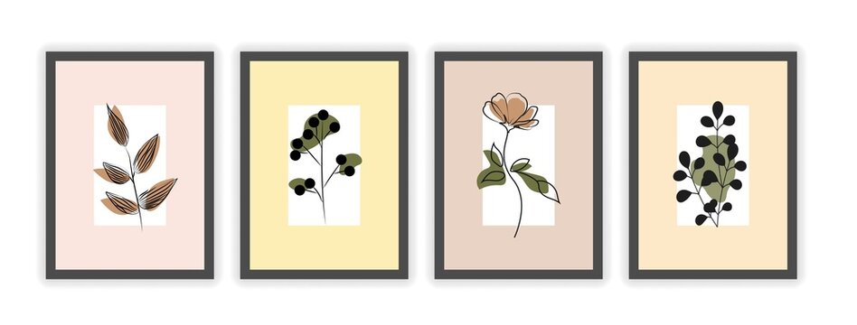 Set of floral abstract modern colorful minimalistic covers on white background. Cute colorful geometric background with various flowers. Flat cartoon vector illustration