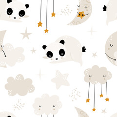 Seamless childrens hand-drawn pattern with cute sleeping pandas, clouds, moons and stars. Creative trendy kids texture for fabric, wrapping, textile, wallpaper, apparel. Vector illustration.
