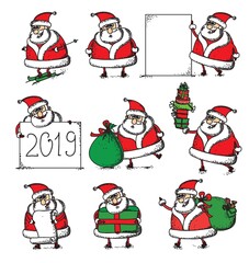 Christmas set of different Santa Clauses with christmas gifts, tree, animals and other