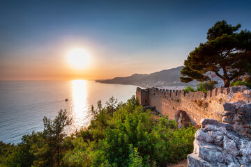 Beautiful sunset at the Alanya castle by the Mediterranean Sea. Turkey