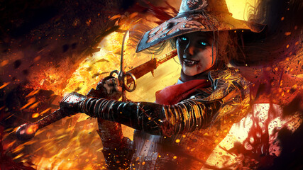A terribly smiling bloody vampire girl with turquoise eyes in a pointed hat rushes through the burning city with a huge sword zweihender in her hands, destroying her enemies. 3d rendering
