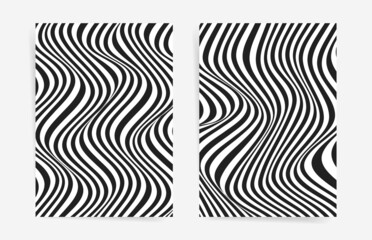 Optical illusion waves and vibes poster covers. Curve black and white backgrounds. Abstract curvy lines pattern, abstract pattern. Simple geometric  waves design template for poster, banner, cover, po