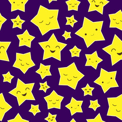 Seamless vector pattern with cute funny stars on purple background.