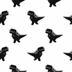 Vector hand-drawn seamless childish pattern with cute doodle dinosaurs on a white background. Kids texture for fabric, wrapping, textile, wallpaper, apparel. Dino. Scandinavian style illustration. © ZHUKO