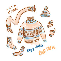 Warm clothes vector flat style set. Doodle winter wear set.