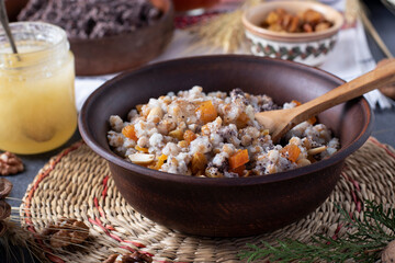 Kutya is a ceremonial grain dish with poppy seeds, dried fruits, nuts and sweet gravy, traditionally served by Orthodox Christians in Ukraine, Belarus and Russia during Christmas.