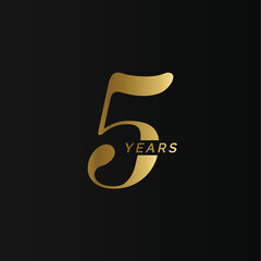 Anniversary company logo, 5 year, five gold number, wedding anniversary, memorial date symbol set, golden year collection. Birthday symbol, age jubilee, congratulations badge, greeting emblem