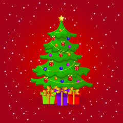 Star, decoration balls and light bulb chain decorated christmas tree with lots of gift boxes. Flat style vector illustration isolated on red background.