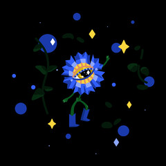 Bizarre knapweed flower pixie. Humanoid cute characters. Mysterious forest. Vector illustration on black background - 459545292