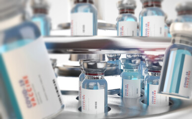 2022 COVID-19 Coronavirus 3d-illustration as science or vaccine production. Doses.Glass bottles of Vaccines