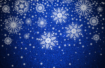 Fototapeta na wymiar Christmas illustration with white snowflakwes on blue glittering background