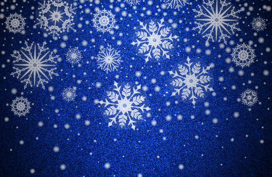 Christmas illustration with white snowflakwes on blue glittering background