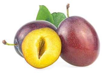 Fresh plum fruits with leaves isolated on a white background. Group of plums.