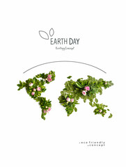Environmentally friendly planet Poster. Earth day. The map of the world made from green leaves and...
