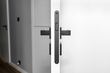 Modern white door with matte black handle and magnetic locks, lock with insert key.