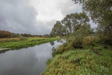 A landscape in cloudy weather with a river and grass in the foreground. Drizzling rain in early autumn.