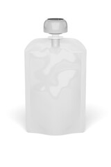 White empty plastic pouch for baby food mock-up isolated on white. 3d rendering.