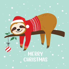 Cute cartoon sloth vector graphic design for Christmas holiday. Merry Christmas print. Adorable hand drawn sloth character on the tree branch in Santa Claus hat and ugly red Christmas sweater © Wink Images