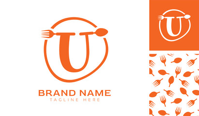 Hand drawn alphabet letter U logo using Spoon, Fork in a circle with color variation and pattern in orange color theme for creative branding design © Kam