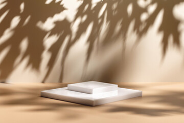 Abstract minimal nature scene - empty stage and white podium on beige background and soft shadows...