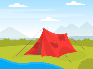Red Camping Tent Attached Supporting by Rope Rested on Green Meadow Vector Illustration
