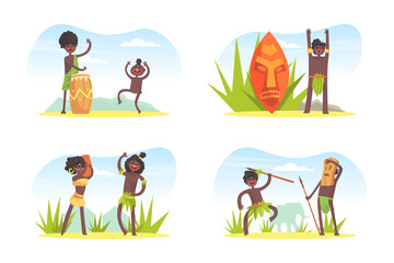 African Tribe People Character in Traditional Loincloth and Palm Leaf with Spear and Drum Vector Set