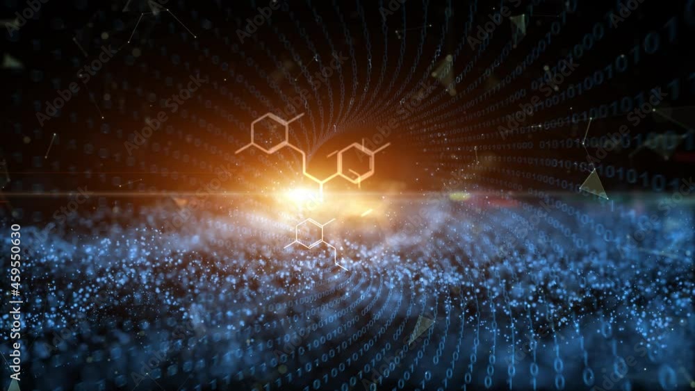 Poster modern shining abstract chemical hexagon bonds molecules with binary numbers tunnel animation copy s