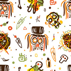 Voodoo Hand Drawn Design as African Religion and Magic Vector Seamless Pattern Template