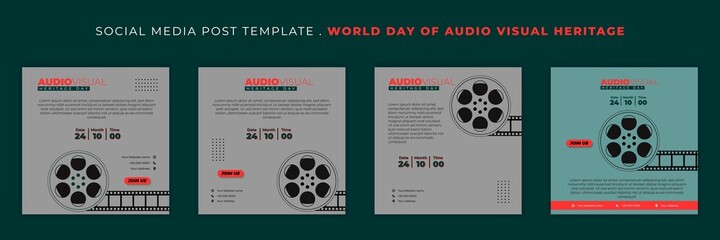 Set of Social media post template with film roll design. World day of Audio visual heritage template design.