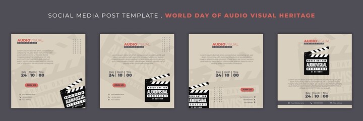 Set of Social media post template with movie clapper design. World day of Audio visual heritage template design.