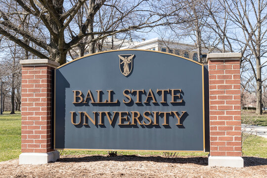 Ball State University entrance. Ball State is a public research university whose sports teams are the Cardinals and the logo includes the Beneficence.