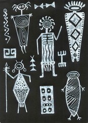 outline Mayan symbols.white ink figures of people,aliens with geometric patterns.Set of tattoo with ornament style of Polynesia, Hawaiian tribes.ancient Mexican mythology.Cave drawings. Aztec pattern