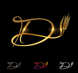Golden Wheat and Grain Monogram Initial Letter D